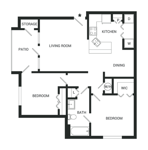 Floor plan for 2 beds, 1 bath, 1043 sqft